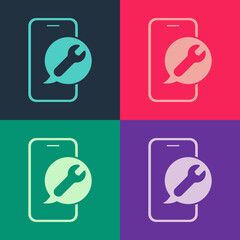 Pop art Mobile phone with wrench icon isolated on color background. Adjusting, service, setting, maintenance, repair. Vector.