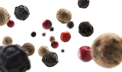 Mixed of peppers hot, red, black, white and green pepper isolated on white background