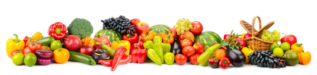 Wide panoramic photo fruits and vegetables isolated on white