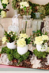 How to make simple Easter decoration with egg shell, carnation flower, buxus, chamelaucium and moss