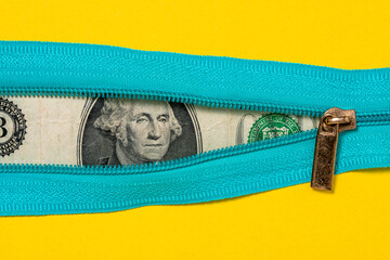 One Dollar Bill With Zipper on Yellow Background © graja