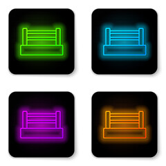 Glowing neon line Boxing ring icon isolated on white background. Black square button. Vector.