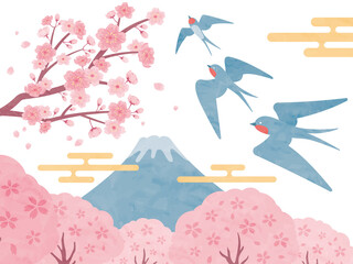 桜と富士山とつばめ 水彩風イラストセット