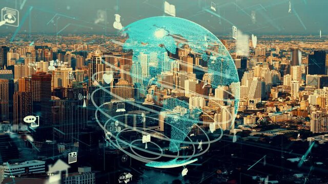 Global connection and the internet network modernization in smart city . Concept of future 5G wireless digital connecting and social media networking .