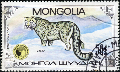 MONGOLIA - CIRCA 1985: A Stamp printed in MONGOLIA shows image of a Leopard standing in snow