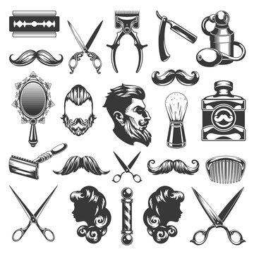 Haircut and shaving supplies vector stickers. Male and female silhouette profiles with vintage scissors and razors.
