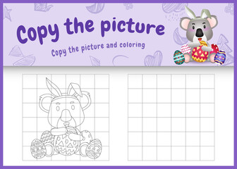 copy the picture kids game and coloring page themed easter with a cute koala using bunny ears headbands hugging eggs