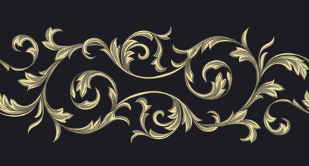 Vintage border. Baroque golden elements. Print on a black background. Vector seamless border.  - 415537503