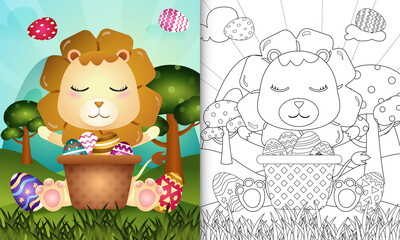 coloring book for kids themed happy easter day with character illustration of a cute lion in the bucket egg