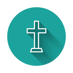 White line Christian cross icon isolated with long shadow background. Church cross. Green circle button. Vector.