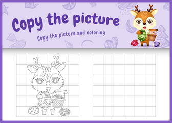 copy the picture kids game and coloring page themed easter with a cute deer holding the bucket egg and easter egg