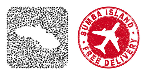 Vector mosaic Sumba Island map of aviation elements and grunge Free Delivery badge. Collage geographic Sumba Island map designed as carved shape from rounded square with flying out airliners.