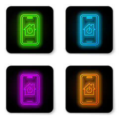 Glowing neon line Mobile phone with smart home icon isolated on white background. Remote control. Black square button. Vector.