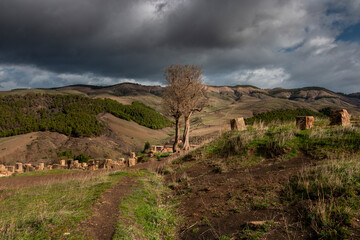 landscape photo in mountains with beautiful sky and trees in roman town Cuicul at village Djemila, Algeria