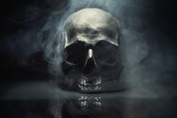 Spooky dark black skull aginast dark background - 415538998