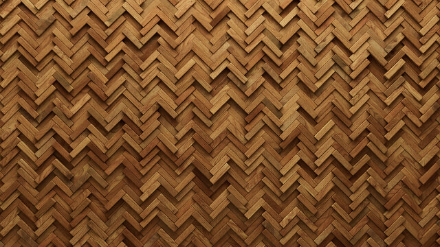 Wood Block Wall background. Mosaic Wallpaper with Light and Dark Timber Herringbone tile pattern. 3D Render 