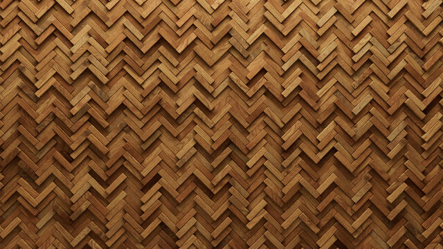 Wood Block Wall background. Mosaic Wallpaper with Light and Dark Timber Herringbone tile pattern. 3D Render 