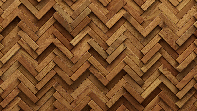 Wood Block Wall background. Mosaic Wallpaper with Light and Dark Timber Herringbone tile pattern. 3D Render 
