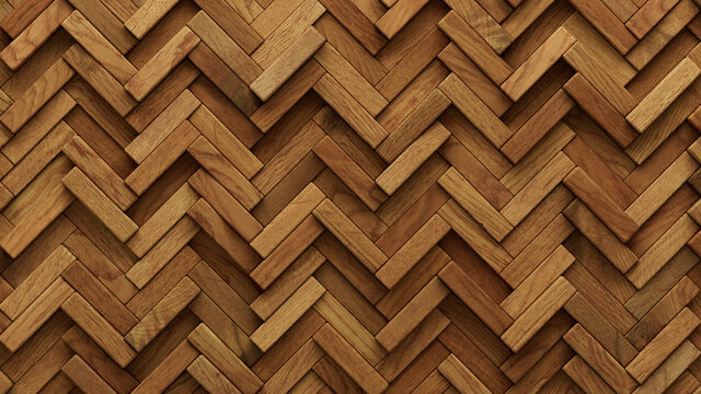 Wood Block Wall background. Mosaic Wallpaper with Light and Dark Timber Herringbone tile pattern. 3D Render 