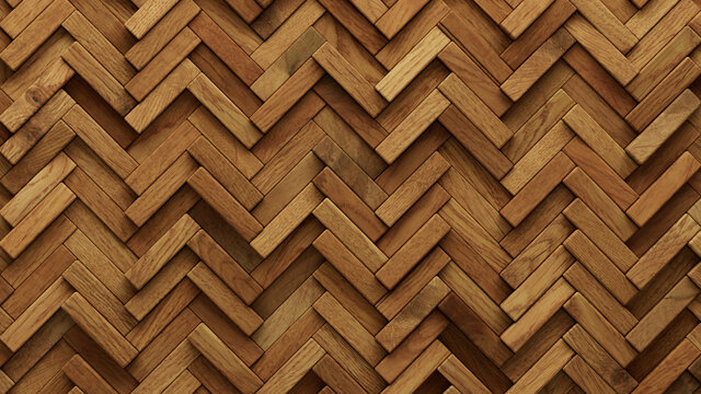 Wood Block Wall background. Mosaic Wallpaper with Light and Dark Timber Herringbone tile pattern. 3D Render 