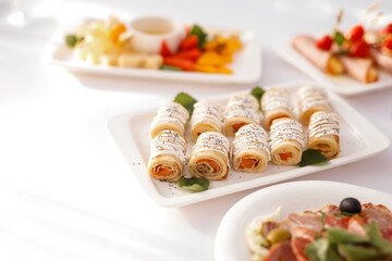 Tasty roll of pancakes or crepes with fish and cheese on a white plate. Salmon lavash rolls