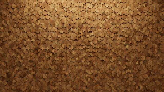 Wood Block Wall background. Mosaic Wallpaper with Light and Dark Timber Diamond tile pattern. 3D Render 