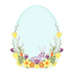 Happy easter, cute illustration template with rabbit, eggs and flowers for greeting card, invitation