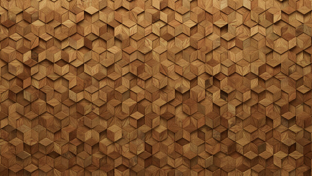 Wood Block Wall background. Mosaic Wallpaper with Light and Dark Timber Diamond tile pattern. 3D Render 