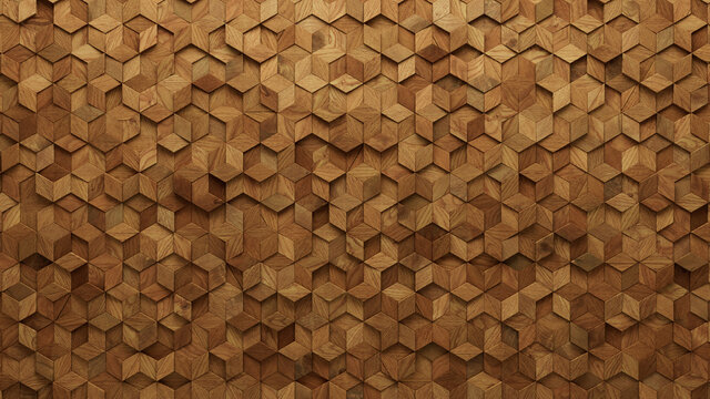 Wood Block Wall background. Mosaic Wallpaper with Light and Dark Timber Diamond tile pattern. 3D Render 
