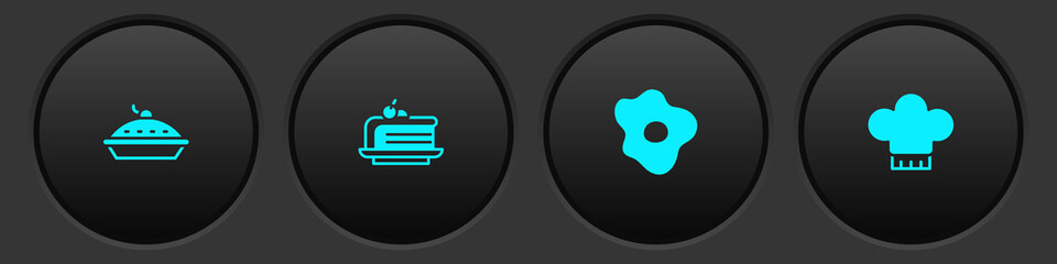 Set Homemade pie, Piece of cake, Scrambled eggs and Chef hat icon. Vector.