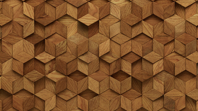 Wood Block Wall background. Mosaic Wallpaper with Light and Dark Timber Diamond tile pattern. 3D Render 