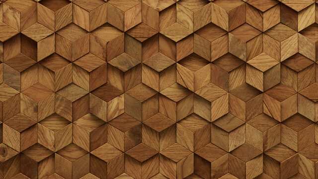 Wood Block Wall background. Mosaic Wallpaper with Light and Dark Timber Diamond tile pattern. 3D Render 