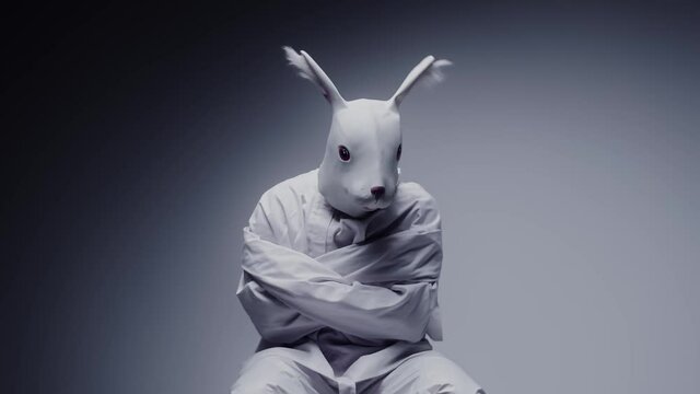 Madness and mental illness concept. Scary, crazy person in animal mask tied in a white room. Nightmare, psychosis. Paranoia and depression concept, isolated madman.