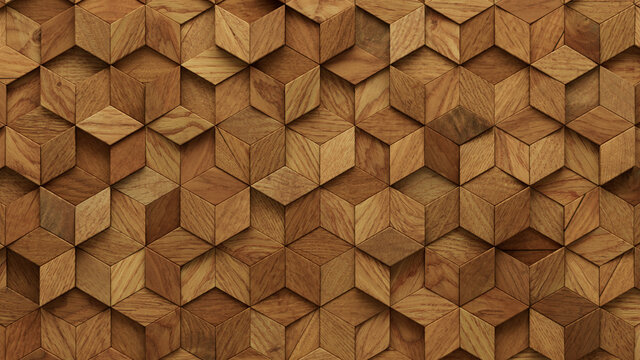 Wood Block Wall background. Mosaic Wallpaper with Light and Dark Timber Diamond tile pattern. 3D Render 