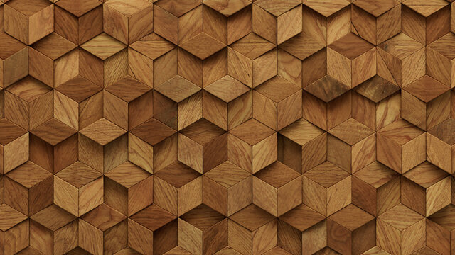 Wood Block Wall background. Mosaic Wallpaper with Light and Dark Timber Diamond tile pattern. 3D Render 