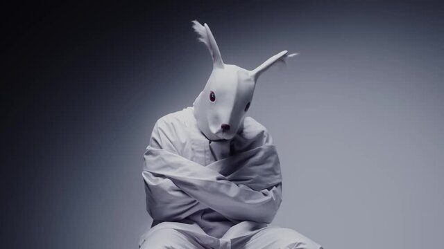Madness and mental illness concept. Scary, crazy person in animal mask tied in a white room. Nightmare, psychosis. Paranoia and depression concept, isolated madman.
