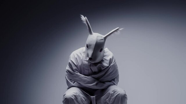 Mad man wearing rabbit mask in a white room. Mental disorder, psychosis concept. Schizophrenia and depression symbol. Masked, crazy person wearing straitjacket in a mental hospital.