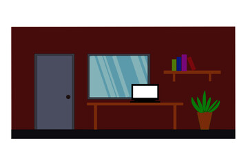 Flat elevation furniture interior room door, window, notebook on table, bookshelf tree pod, inside home or house, illustration vector