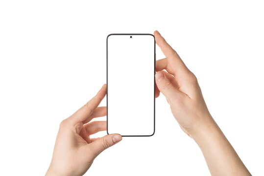 Cropped close up view photo image of female woman's hands holding telephone with white blank empty screen isolated white backdrop