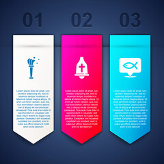 Set Aspergillum, Church bell and Christian fish. Business infographic template. Vector.