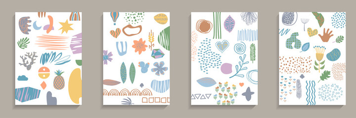 Set of covers. Hand drawn various shapes and doodle objects. Abstract contemporary modern trendy vector illustrations.  Various shapes, doodle objects. Contemporary modern background set.