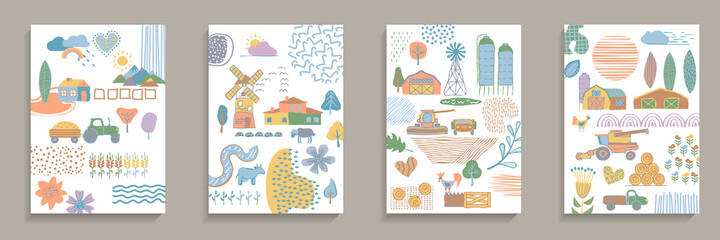 Set of covers. Hand drawn various shapes and rural elements. Abstract contemporary modern trendy vector illustrations.  Various shapes, doodle objects, farm items.