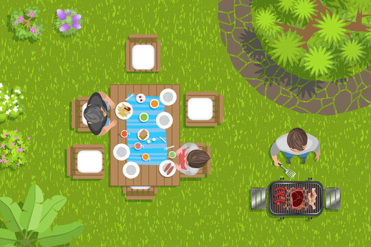 Group Of Friends Making Barbecue In The Backyard. (Top View) 
People Relax And Dine In The Garden. (View From Above)