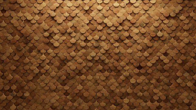 Wood Block Wall background. Mosaic Wallpaper with Light and Dark Timber Fish Scale tile pattern. 3D Render 