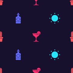Set Sun, Tequila bottle, Margarita cocktail and Cactus or succulent in pot on seamless pattern. Vector.