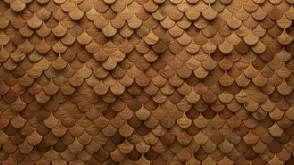 Wood Block Wall background. Mosaic Wallpaper with Light and Dark Timber Fish Scale tile pattern. 3D Render 