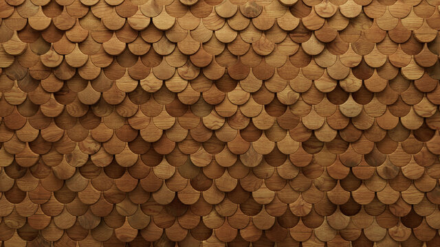 Wood Block Wall background. Mosaic Wallpaper with Light and Dark Timber Fish Scale tile pattern. 3D Render 