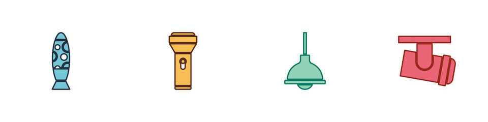Set Floor lamp, Flashlight, Lamp hanging and Led track lights and lamps icon. Vector.