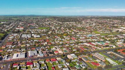 Mt Gambier, Australia. Panoramic aerial view of city skyline and countryside on a sunny spring day