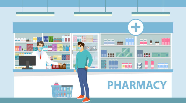 The interior of the pharmacy. The buyer with the goods stands near the pharmacist. Vector illustration.